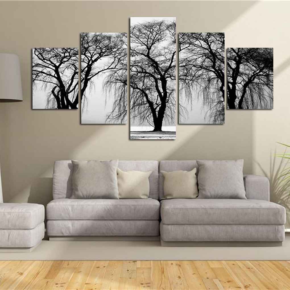 5 Panels Withered Tree Painting On Polyester Grey Background Wall Art Home Decoration for Living Room Bedroom