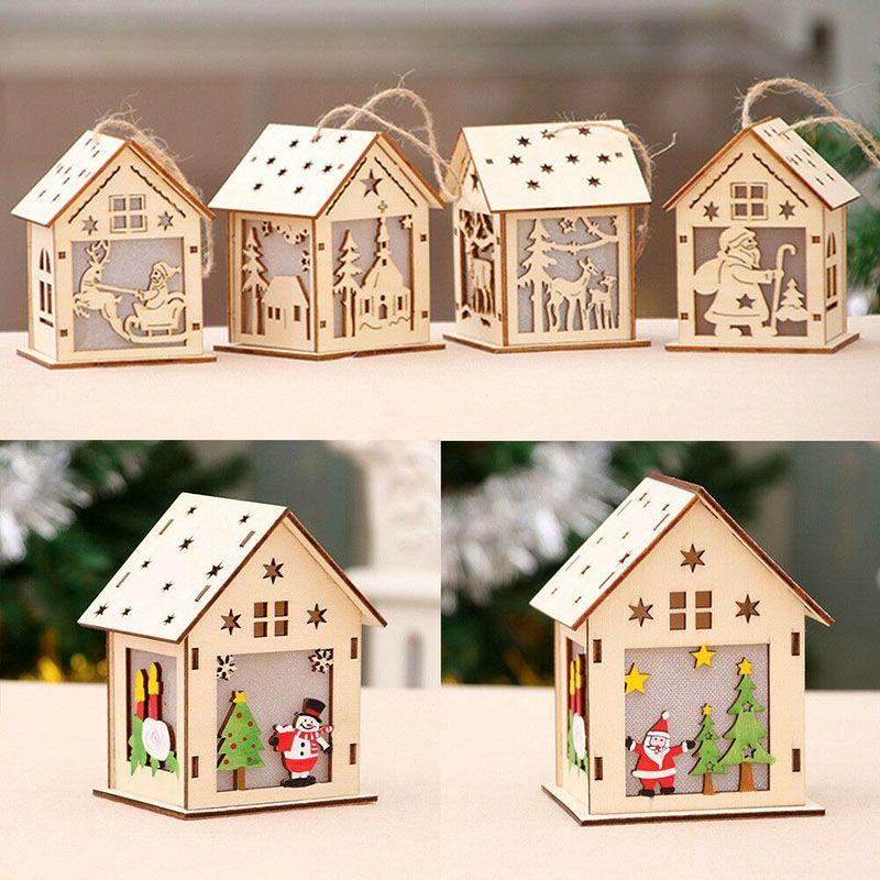 Elegant Led Light Wood House Ornament For Christmas Tree Hanging Decor