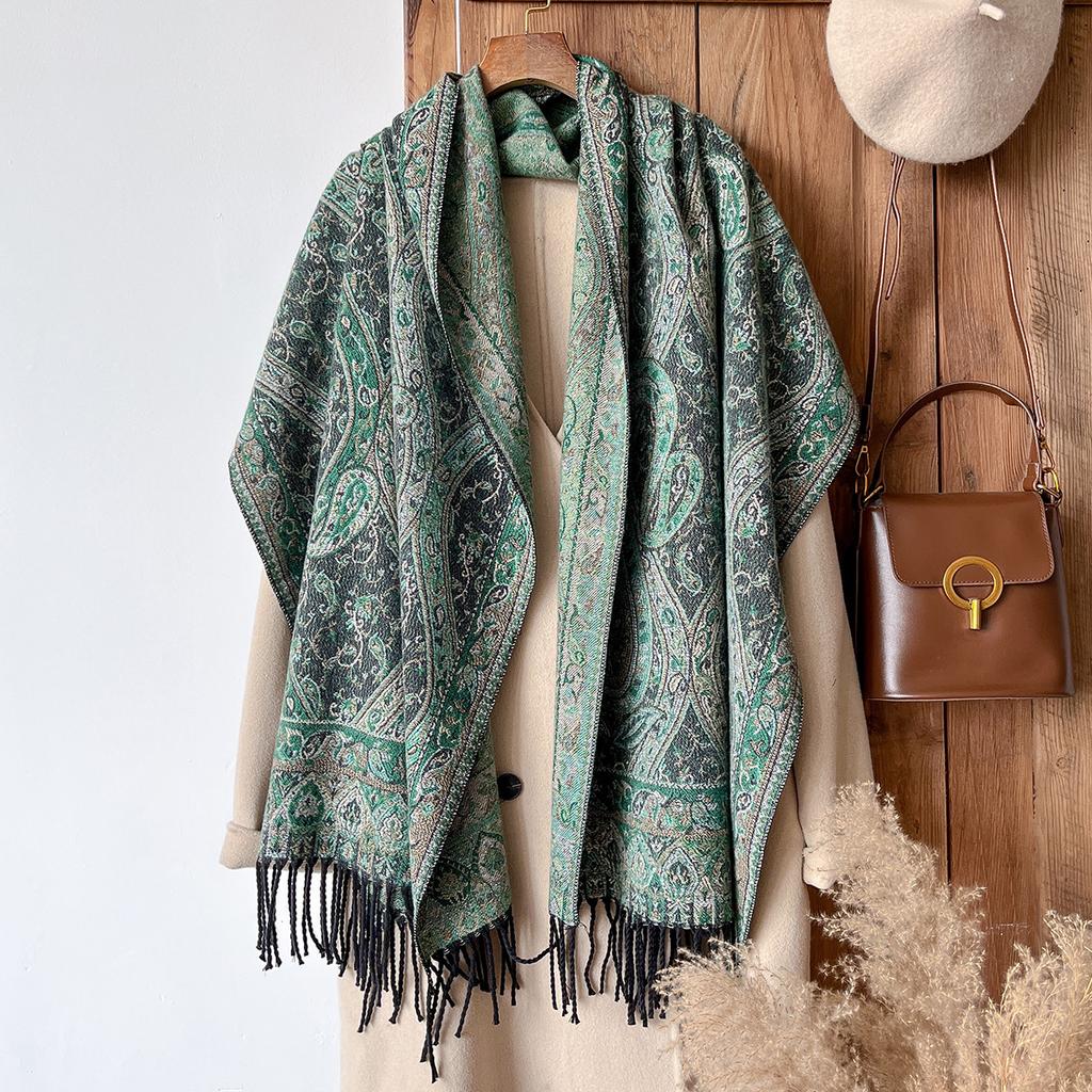 Fashion Winter Cashmere Shawl For Women - Tasseled Vintage Oil Painting Floral Printed Pashmina Thick Wrap, Scarf & Echarp
