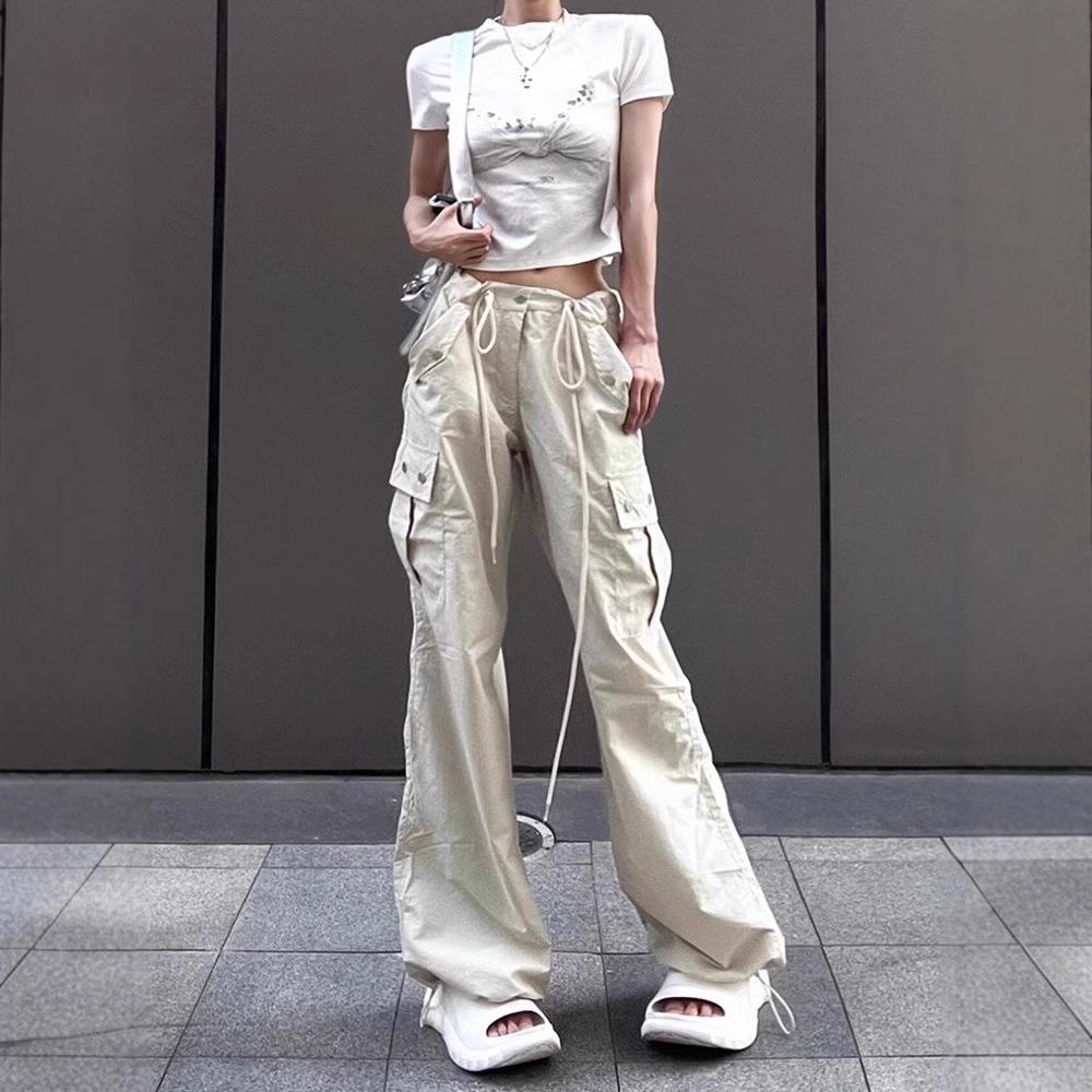 High Waist Women's Straight Leg Parachute Pants with Drawstring - 2025 Casual Niche Design