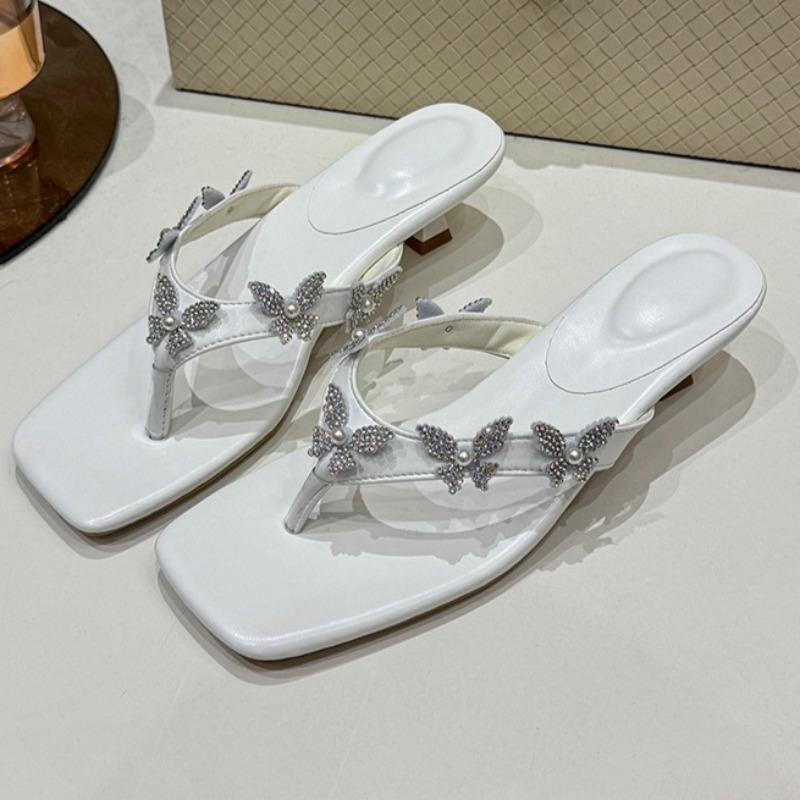 Fashion Summer Fashion Sequin Stiletto Sandals Women's Outside Square Toe Shallow Mouth Soft Sole Flip Flops Versatile Plus Size