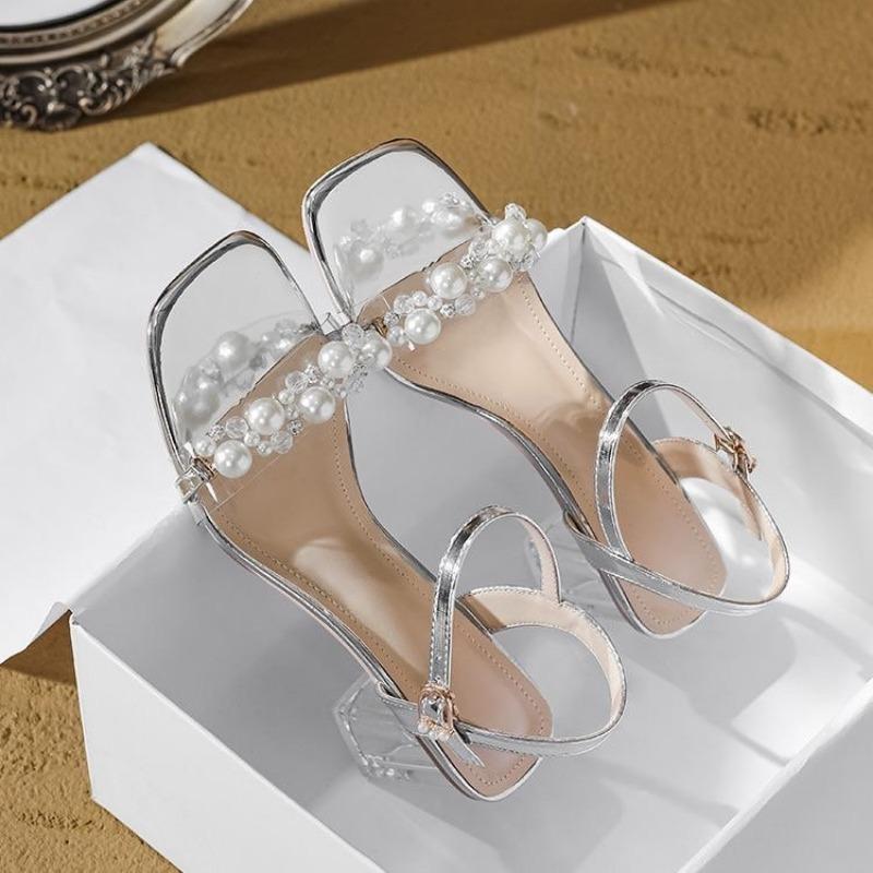 High-heeled Sandals New Pearl Square Head Transparent Thick-heeled Sandals Lady Pearl Buckle Sandals