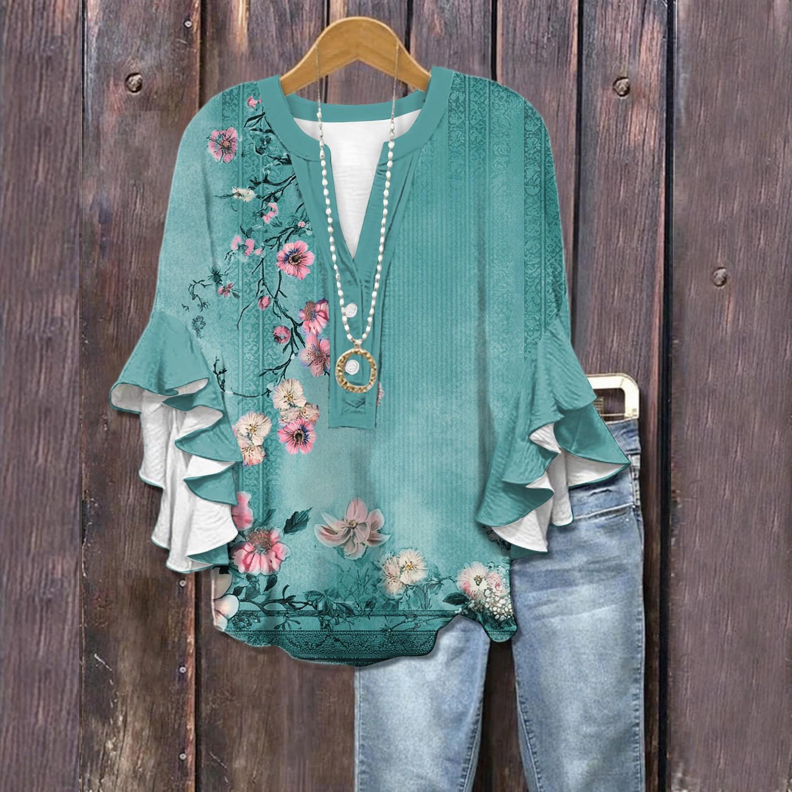 

Летние топы для женщин, симпатичные блузки с V-образным вырезом и рукавом 3/4, повседневные рубашки с цветочным принтом XXL