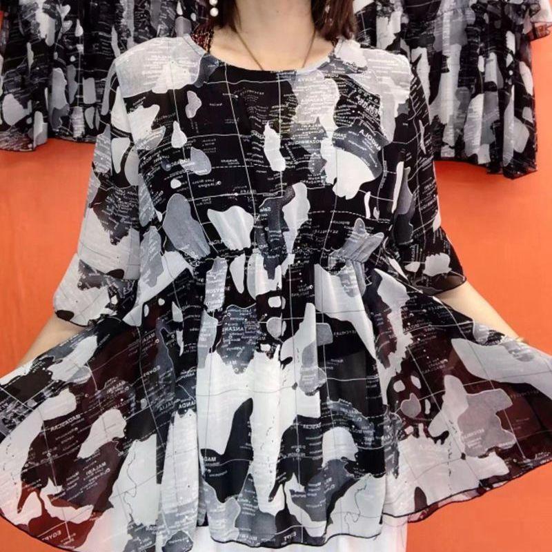 Vintage Printed Blouse Summer Thin Broken Flowers Loose Waist Casual O-Neck Commute Half Sleeve Shirt
