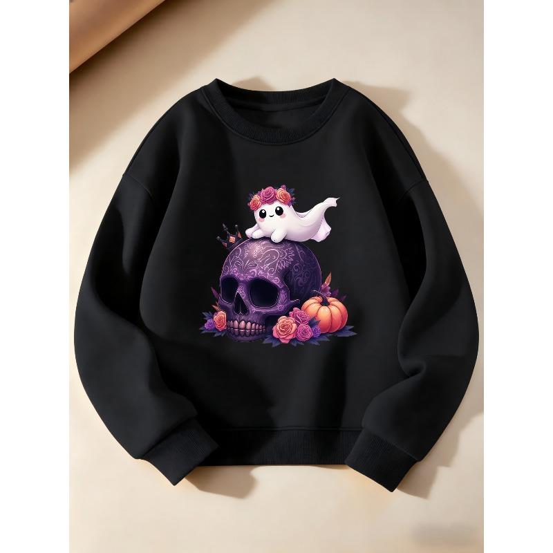 Girls' Fashion Long Sleeve Crew Neck Sweatshirt with Purple Skull Pumpkin Ghost Print | Casual, Slight Stretch Fabric, Regular Fit