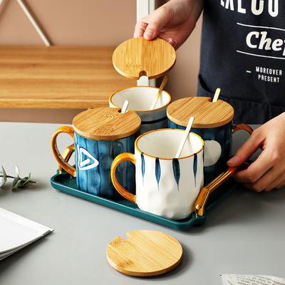 400ml Japanese Style Ceramic Mug Coffee Cup Milk Oatmeal Breakfast Cup With Spoon Lid Office Home Tea Cups Water Cup Gifts