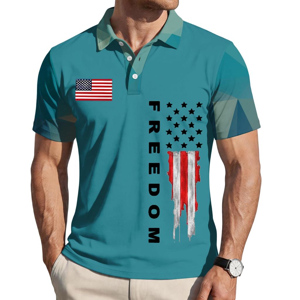 Men's Loose Fit Casual Polo Shirt Short Sleeve Button Down Collar Printed Graphic Tee with Flag Design and Freedom Text