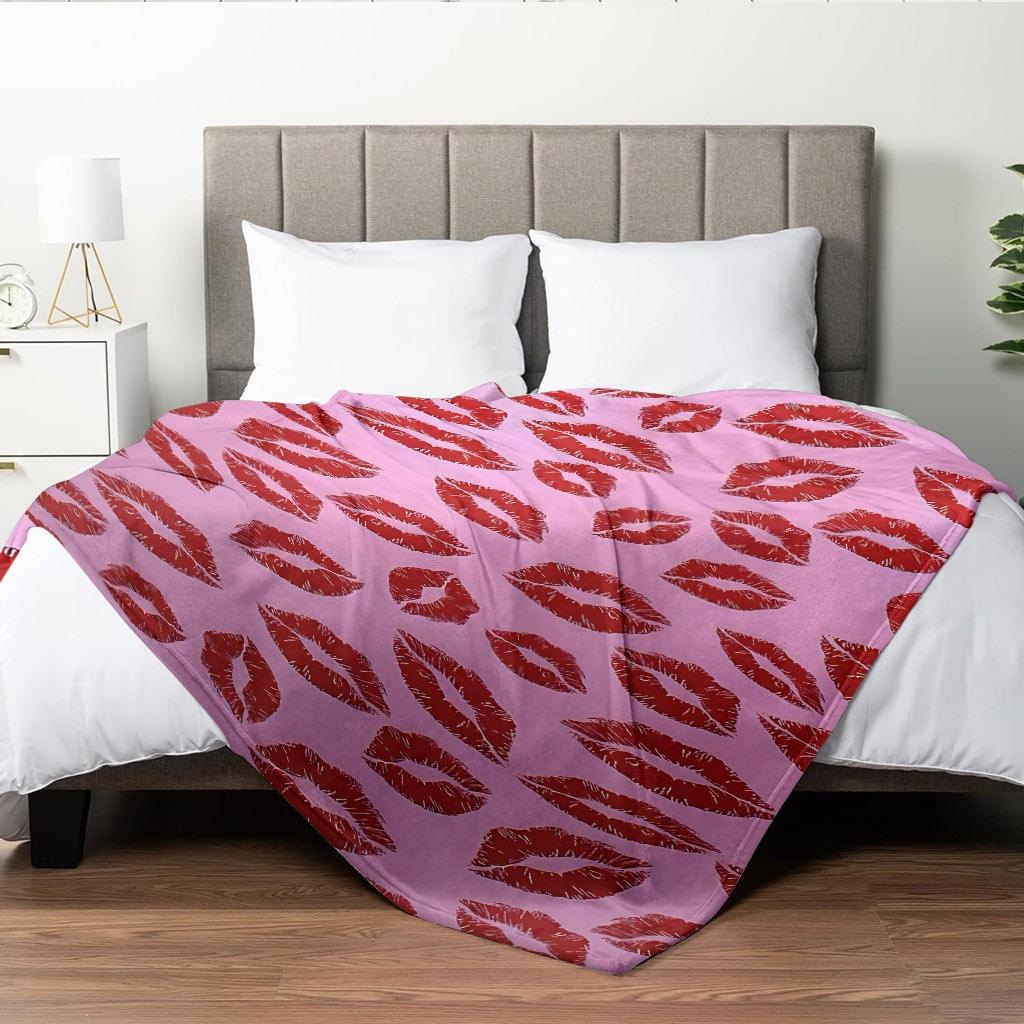 Pink Background Red Lip Print Kiss Mark Seamless Flannel Throw Blanket, Soft Warm Sofa Cover, Romantic Valentines Bedroom Decor