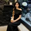 Summer Korean Style Women's One-Shoulder Cinched Top & High-Waisted Skirt Set - Black