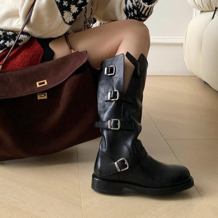 Korean version of fashion boots women's versatile Martin boots long tube 2025 autumn new buckle casual high boots children