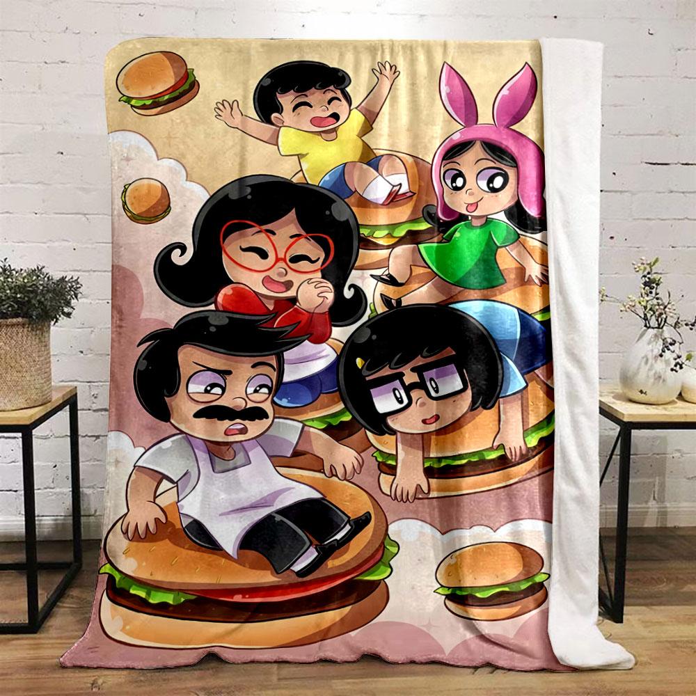 Cartoon Characters Sitting or Playing On Giant Floating Hamburgers. for All Seasons Blanket Lunch Break Throw Gift