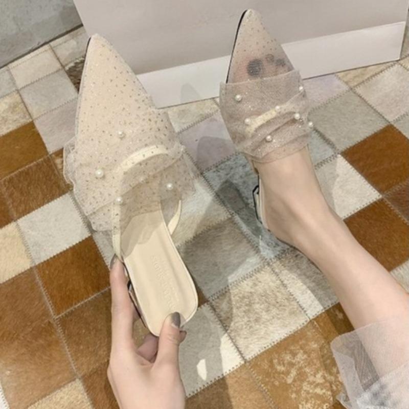 

Baotou Half Drag Female Spring Summer Fairy Wind Net Red Lace Net Gauze Pointed Shallow Mouth Pearl Outside Wear Flip-flops 35