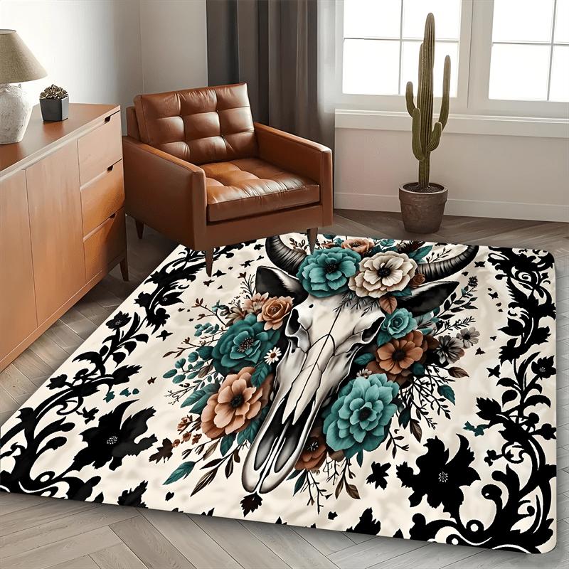 Alpaca Skull Floral Area Rug: Non-Slip Decor Mat for Living Room, Bedroom, Bathroom, Kitchen, Indoor Home Decoration