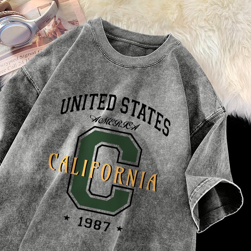 United States California Letter T-shirt Men Retro Printing Shirt Cotton Vintage Washed Tee Unisex Street Loose T-shirts