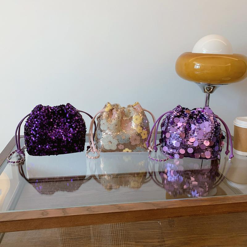 Women's Drawstring Bucket Bag Tote Shoulder Handbag Clutch Bag Reversible Mermaid Sequin Chain Crossbody Handbags for Women Sparkly Party Bucket Bag