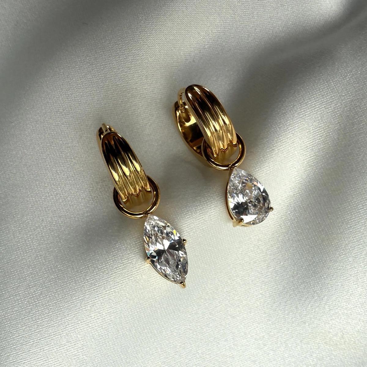 2pcs Set Trendy Luxury Asymmetric Waterdrop Marquise Zircon Titanium Steel Dangle Earrings for Women Ins Style Stacked Jewelry