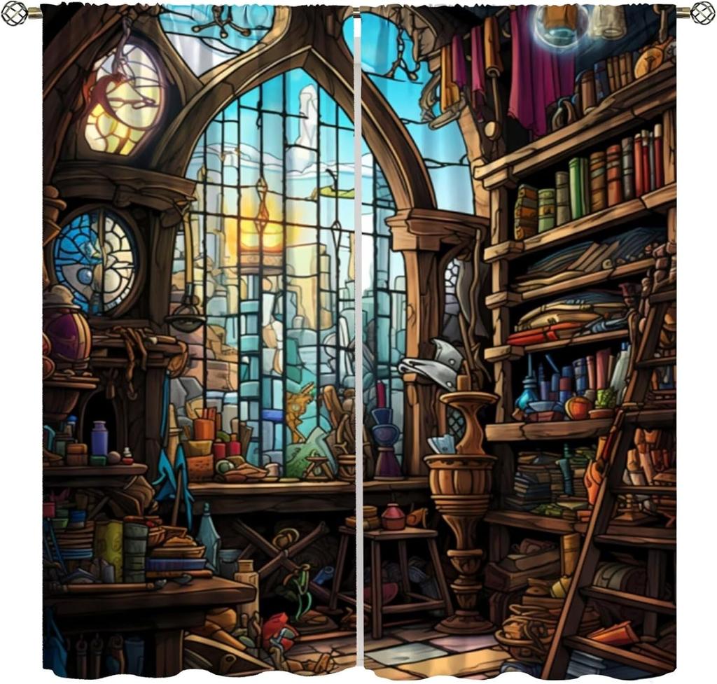 Gothic Bookshelf Curtain Antique Bookcase Spooky Skull Magic Book Halloween Themed Decor Window Kids Teens Adults Curtains Made Of Polyester