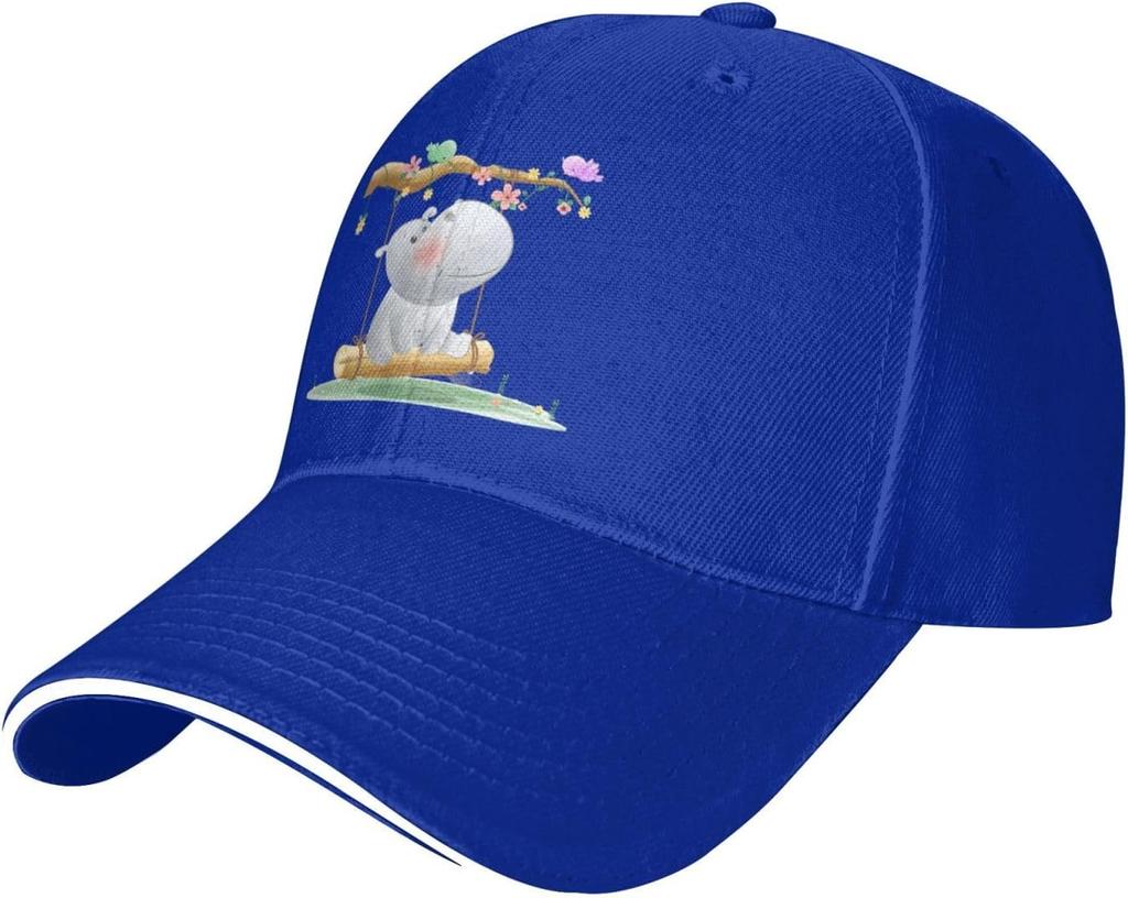 Cute Hippo On Swing Cartoon Baseball Cap Adjustable Polyester Outdoor Golf Hat for Unisex Adults