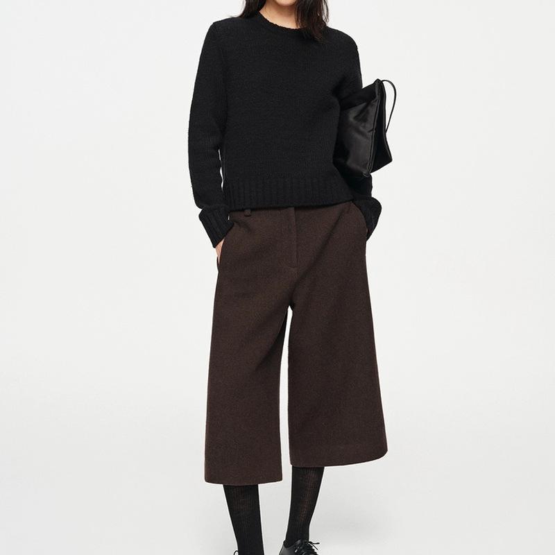 

Cotton air layer texture double-sided woolen retro split straight pants autumn and winter new casual versatile L коричневий
