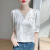 Summer New Style Chinese-style Round-neck Five-quarter Sleeve T-shirt for Women with Jacquard Pearl Base Shirt