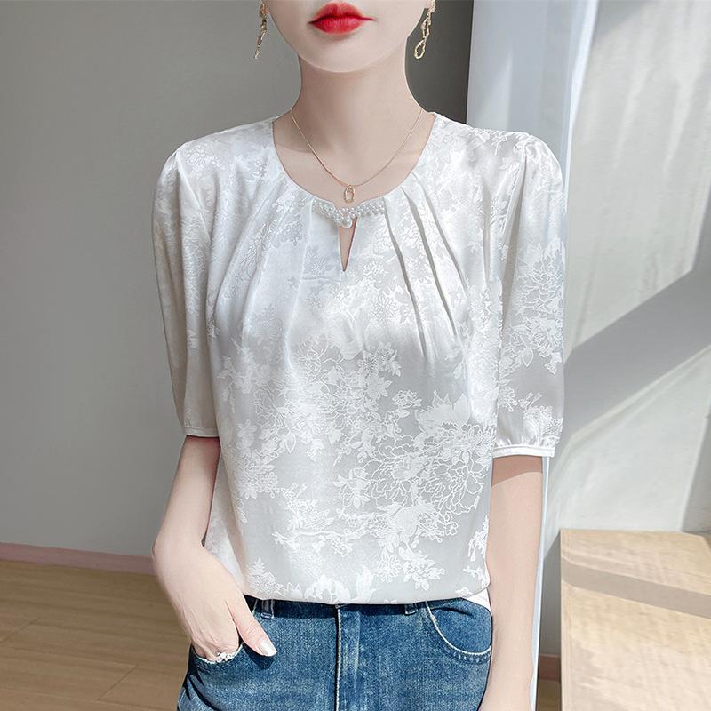 Summer New Style Chinese-style Round-neck Five-quarter Sleeve T-shirt for Women with Jacquard Pearl Base Shirt