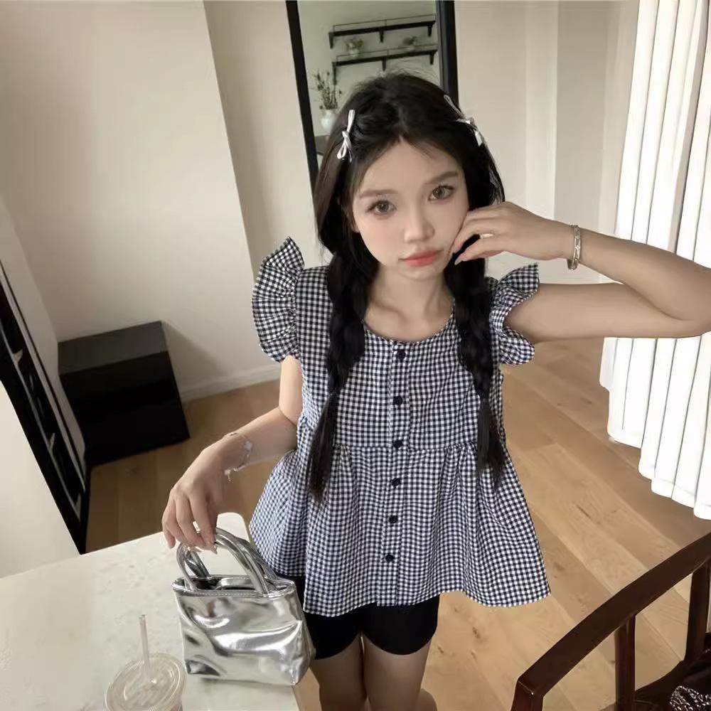 Black Ear Shirt Summer New Style Women's Solid Color Versatile Square Collar Plaid Ruffle Sleeveless Shirt Top
