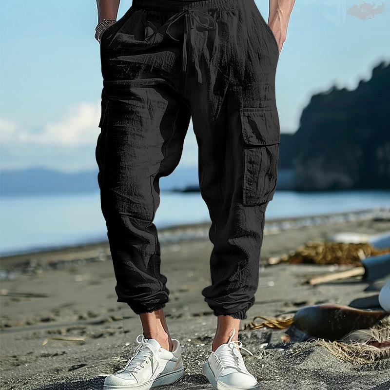 Autumn Cotton and Linen Men's Casual Trousers Tying Feet Multi-pocket Tether Solid Color Loose Work Pants