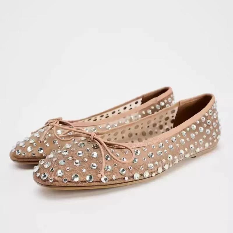 Rhinestone Bow Embellished Ballet Flats Women Comfortable Round Toe Mesh Mary Jane Shoe Luxury Designer Loafers Zapatos De Mujer