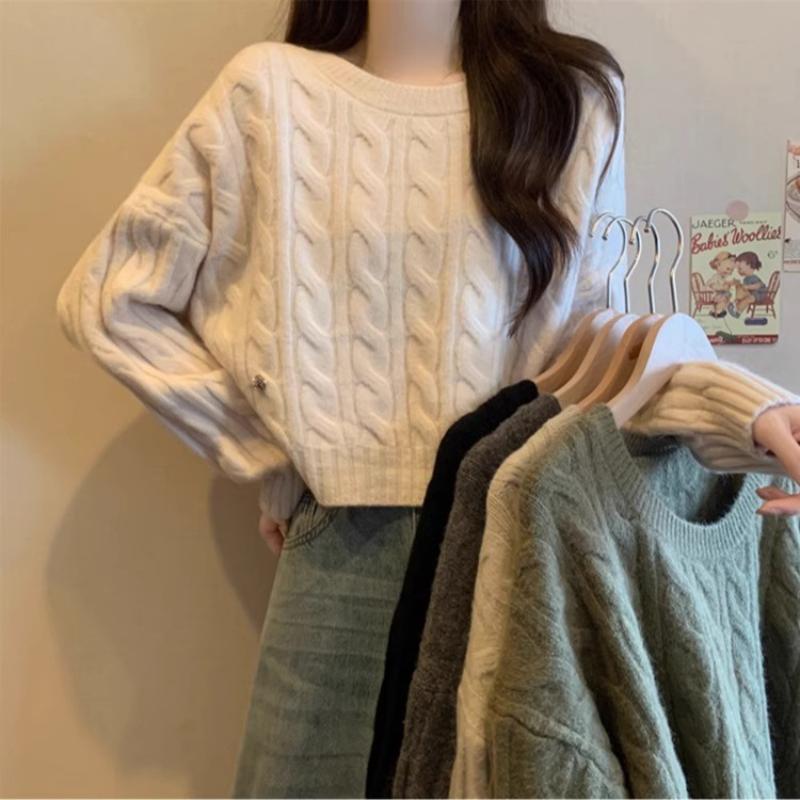 Women's Sage Green Cable Knit Crop Sweater Loose-fit Crew Neck Casual Knitted Top