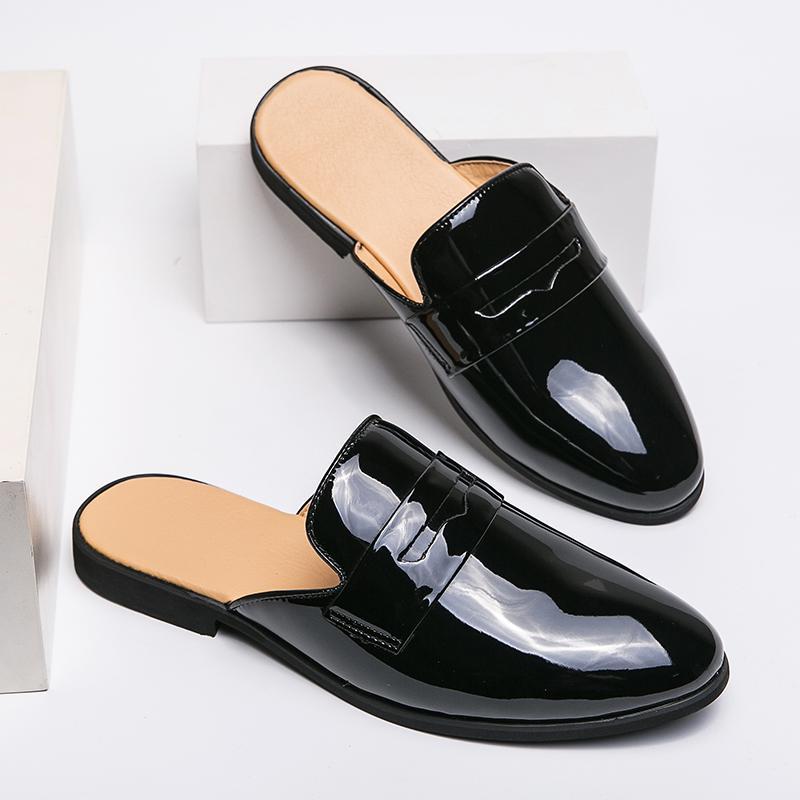 Summer Glossy Half-drag Leather Shoes Men's Doudou Shoes Muller Shoes 38-44 Leathershoes