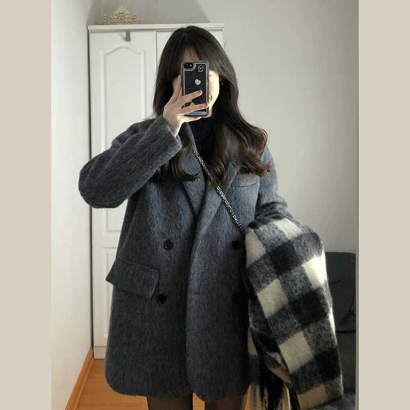 

Short Autumn and Winter Suit Hepburn Style Woolen Outwear Dark gray XS