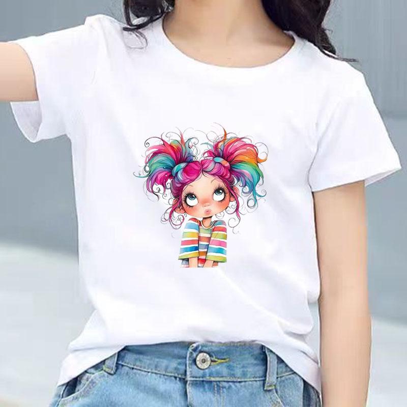 Kids Cotton T Shirt Colorful Rainbow Hair Girl Print Crew Neck Short Sleeve Tee Casual Boys Girls Summer Tops