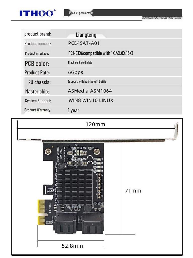 PCI-E GEN3 to 4-Port SATA 3.0 Expansion Card 6G, IPFS Hard Drive Adapter with ASMedia ASM1064 Controller.
