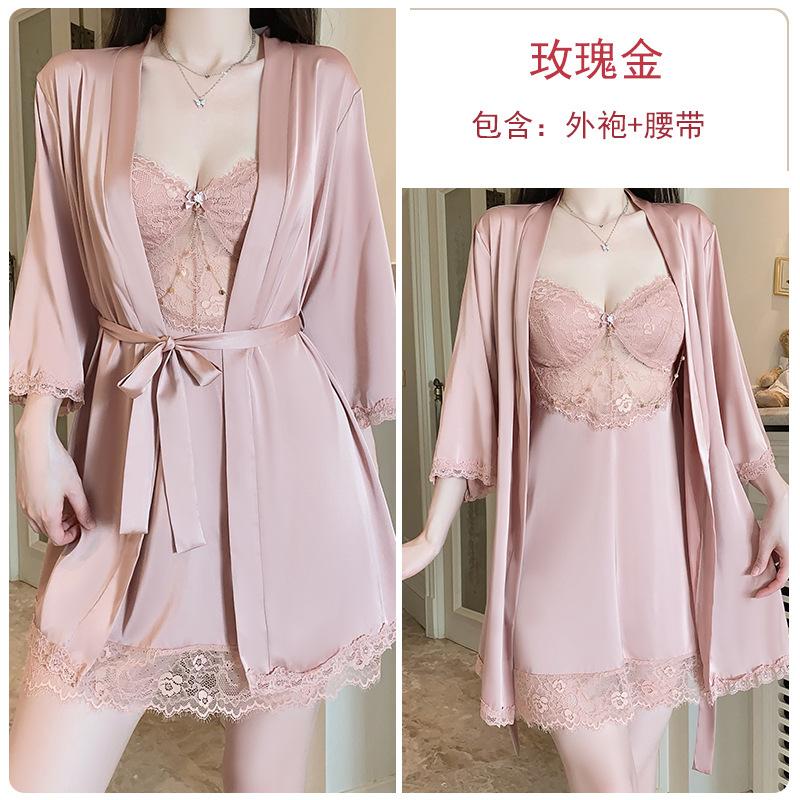 Women's Satin Lace Sheer Padded Sleep Dress with Robe Lounge Set