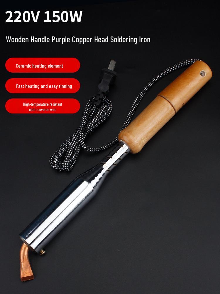 High-Power Electric Soldering Iron Set with Wood Handle - Purple Copper Bent Flat Tip for Household Electronics Repair.