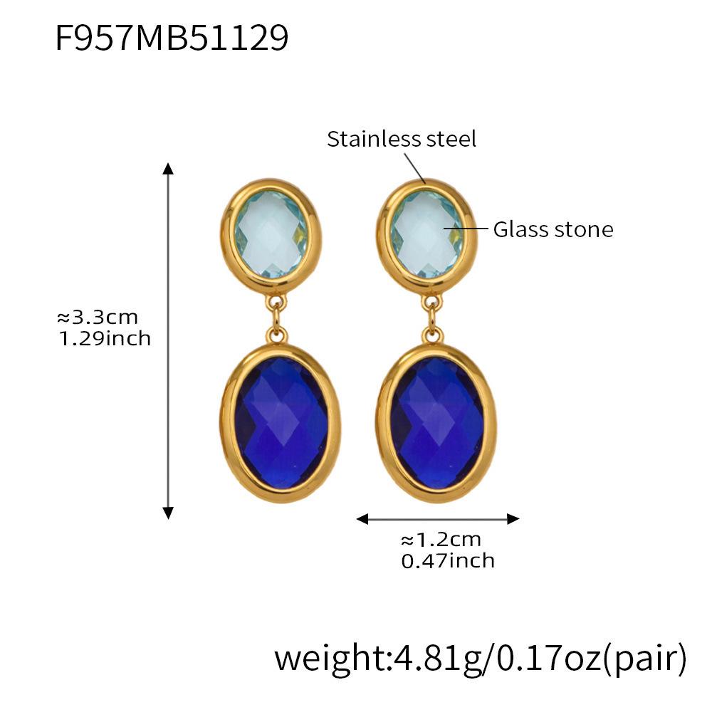 Orecchini a Pendente Ovali Geometrici Placcati Oro 18K con Pietra di Vetro Sfaccettata