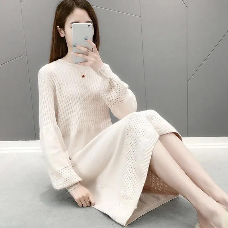 Women Autumn and Winter Long Sleeve Sweater Dress Solid Color O-Neck Lantern Sleeve Elegant Knitted Dresses