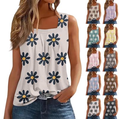 Women's Pleated Square Collar Sleeveless Vest Print T-shirt