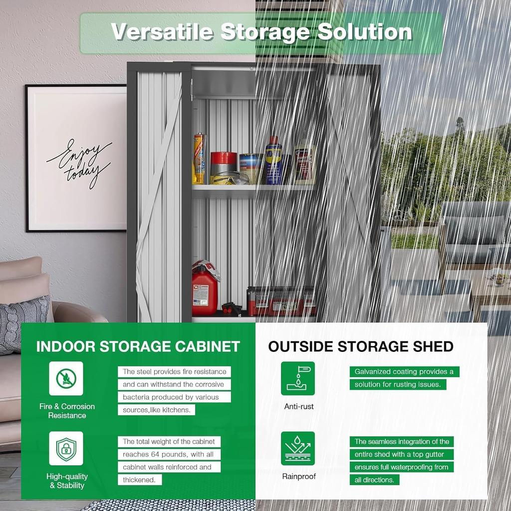 YODOLLA Tall Outdoor Garden Storage Cabinet with 3 Adjustable Shelves, Weatherproof Metal Cupboard for Garage Patio - Dark Grey