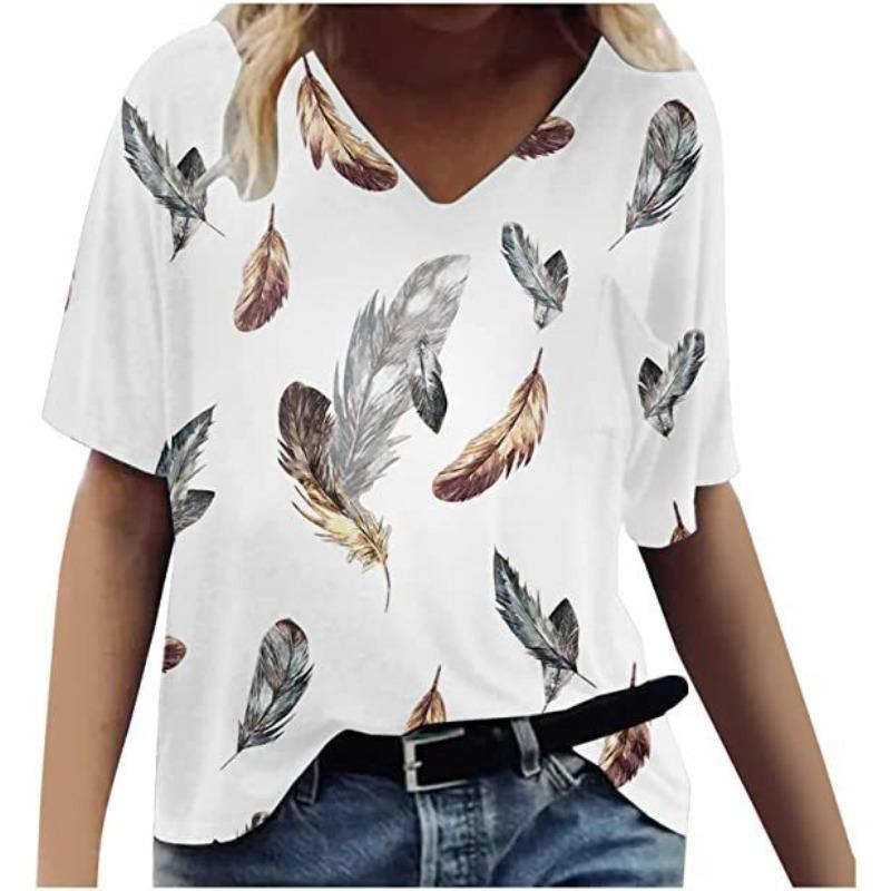 Summer V-neck 3D Feather Flower Printed Top Fashionable Casual Short Sleeved Women's T-shirts