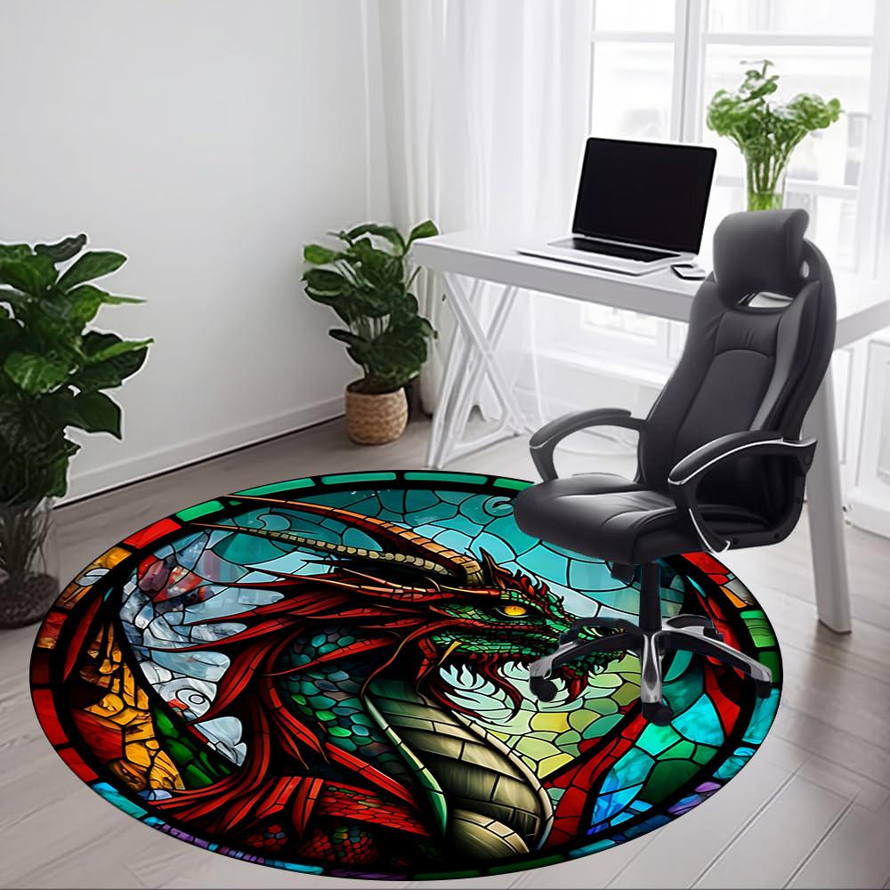 1 Stück Buntglas Drachen Stuhl Teppich für Büro Rutschfest, Maschinenwaschbarer Teppich für Büro - Feiertagsdeko Maschinell hergestellt yy251029089