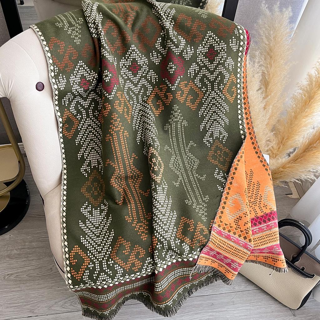 Women Ethnic Bohemia Two Sided Print Imitation Cashmere Scarf Soft Warm Pashmina Shawl Autumn Winter Coldproof Windproof Blanket