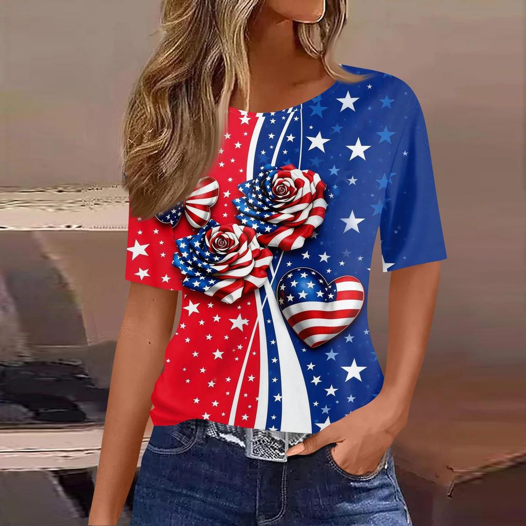 Women's Fashionable Casual Short Sleeve Print Round Neck Pullover Top