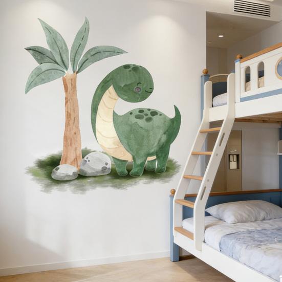 Cute Dinosaur Wall Sticker Cartoon Dino Tropical Palm Tree Wall Decals Peel And Stick Dino Wall Art for Kids Boys Nursery Bedroom Playroom Classroom