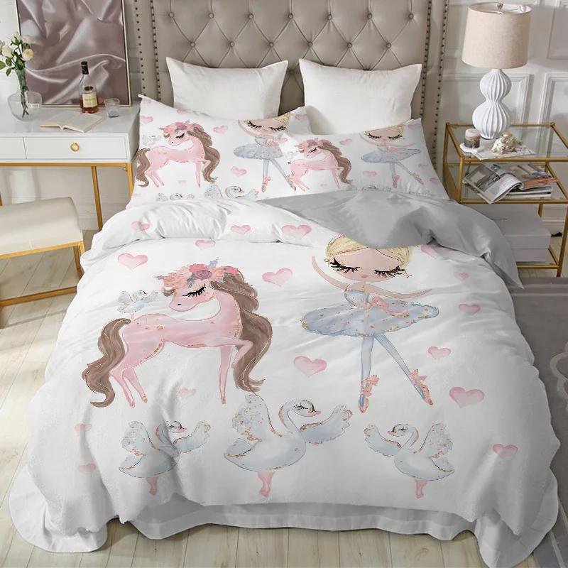 Modern Lovely Princess Kids Bedding Set Twin Size Microfiber Cartoon Unicorn Swan Ballet Girl Print Duvet Cover With Pillowcases