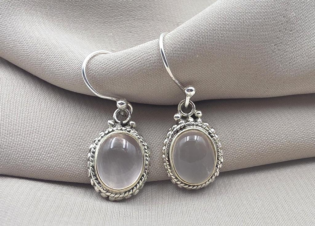 Rose Quartz Earrings 925 Sterling Silver Dangle Oval Gemstone Jewelry