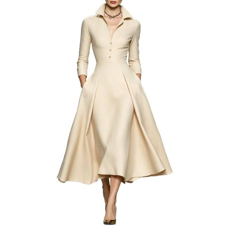 Womens Elegant V-Neck Waist-Cinched Long Sleeve Midi Dress Winter 2026 Loose Fit Solid Color Office Casual