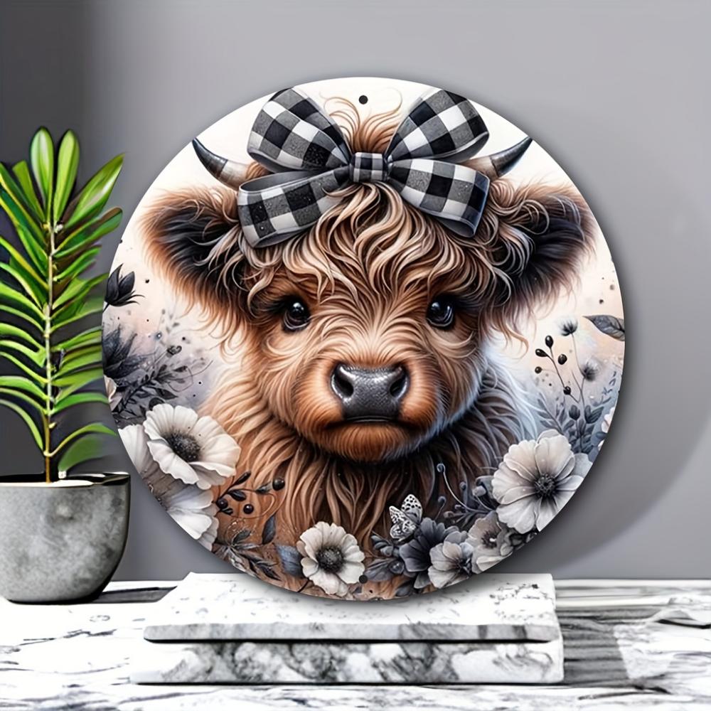 Okouzlující skotská kráva s mašlí Věnec Znamení 8"x8" Kulatá hliníková dekorace pro domov, kuchyň, zahradu Ideální na Vánoce
