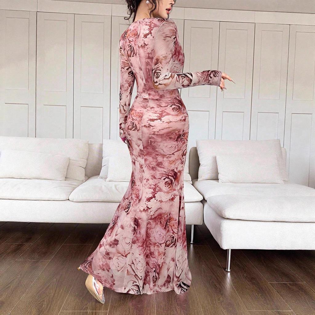 2025 Summer European & American U-Neck Long Sleeve Patchwork Slim Fit Printed Women's Dress