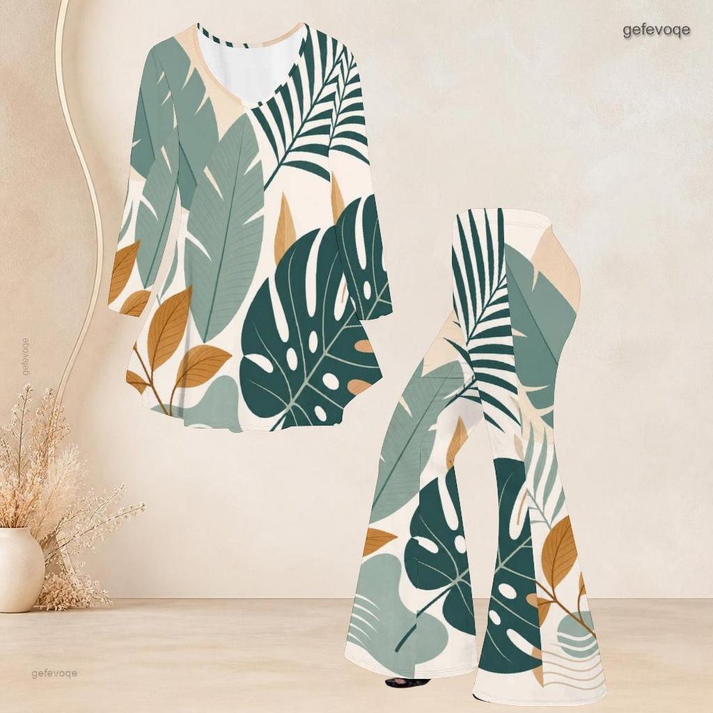 Women Plus Size Printed Round Neck Three Quarter Sleeve Flared Top And Flared Pants Two Piece Set